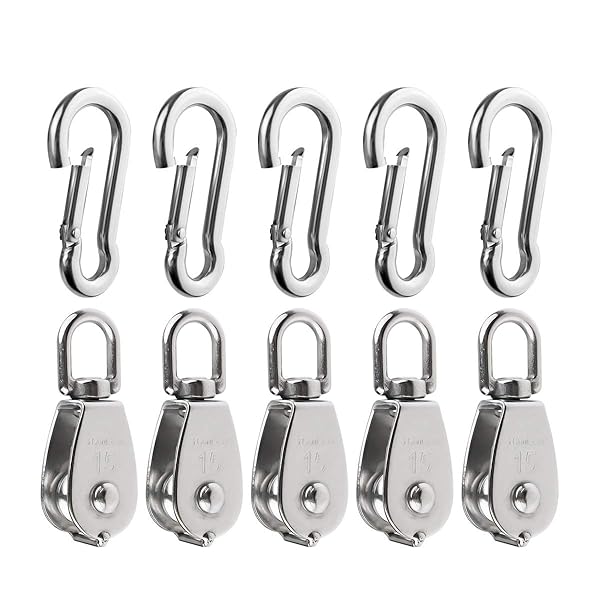 BNYZWOT 5Pcs 304 Stainless Steel M15 Single Pulley Block and Spring Snap Hook Set for Wire Rope Hanging and Towing