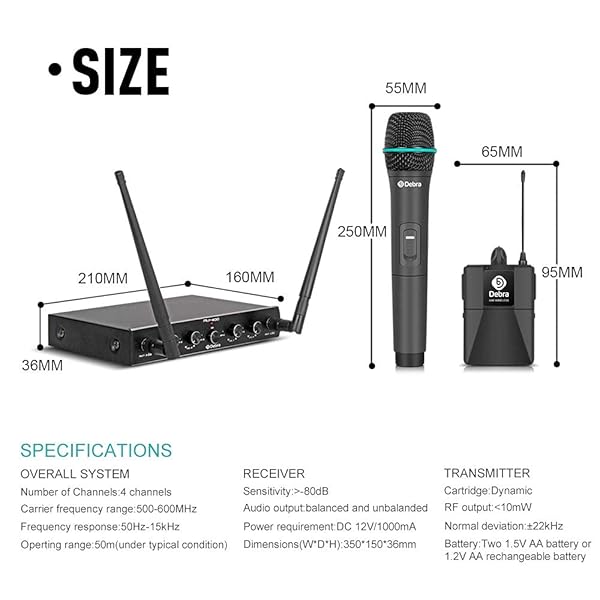 D Debra Debra Audio Pro UHF 4-Channel Wireless Microphone System for Karaoke & Events - Handheld & Lavalier Mics Included - View 10 of 10