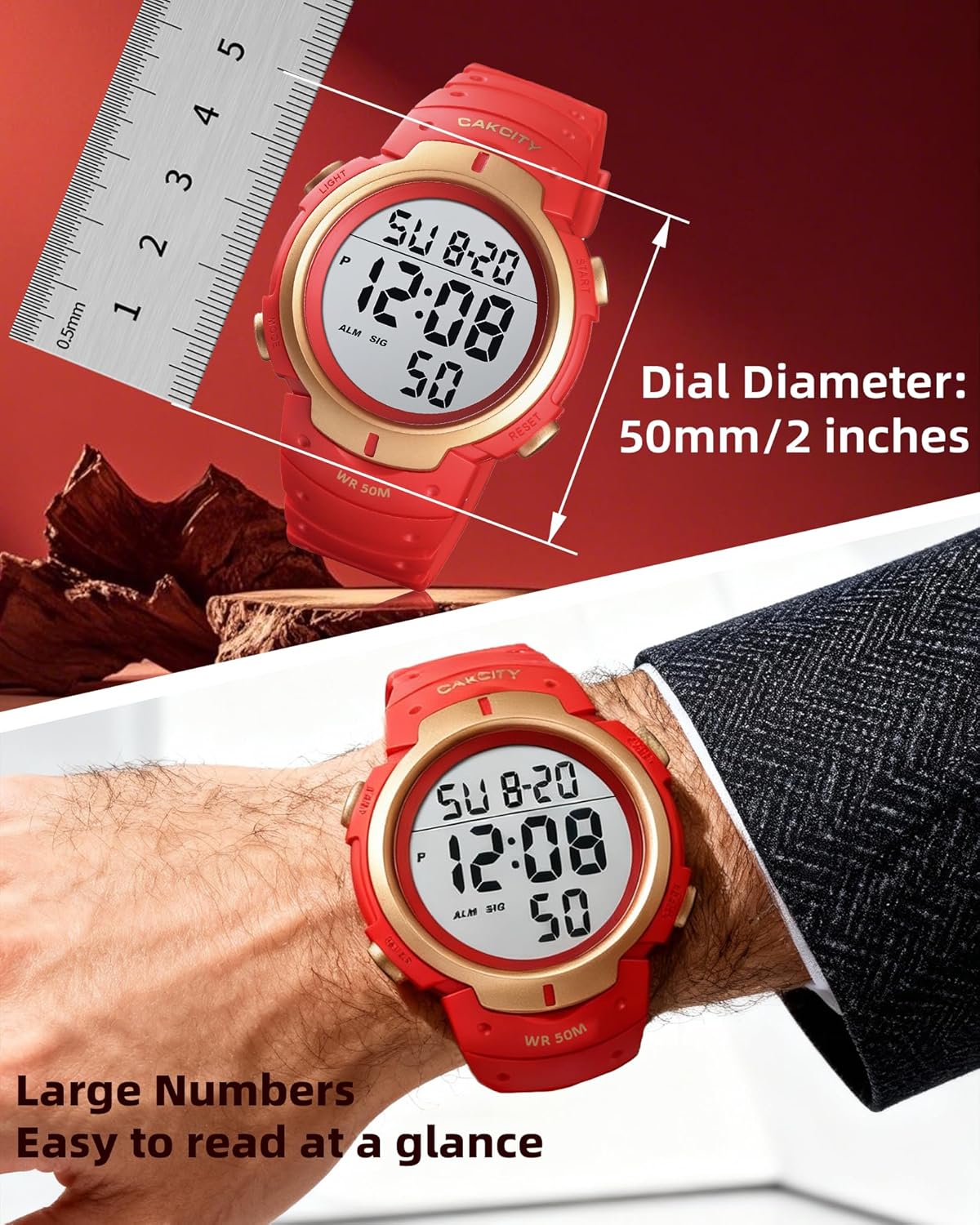 CakCity CakCity Mens Digital Sports Watch LED Large Face Military Waterproof Casual Luminous Stopwatch Alarm Simple Army Watch - View 2 of 9