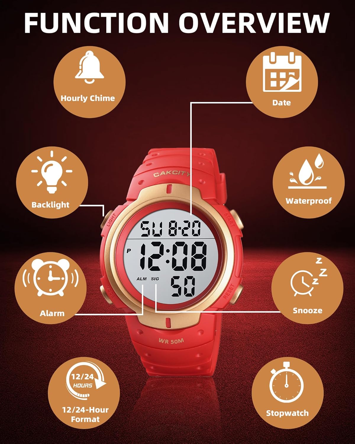 CakCity CakCity Mens Digital Sports Watch LED Large Face Military Waterproof Casual Luminous Stopwatch Alarm Simple Army Watch - View 7 of 9