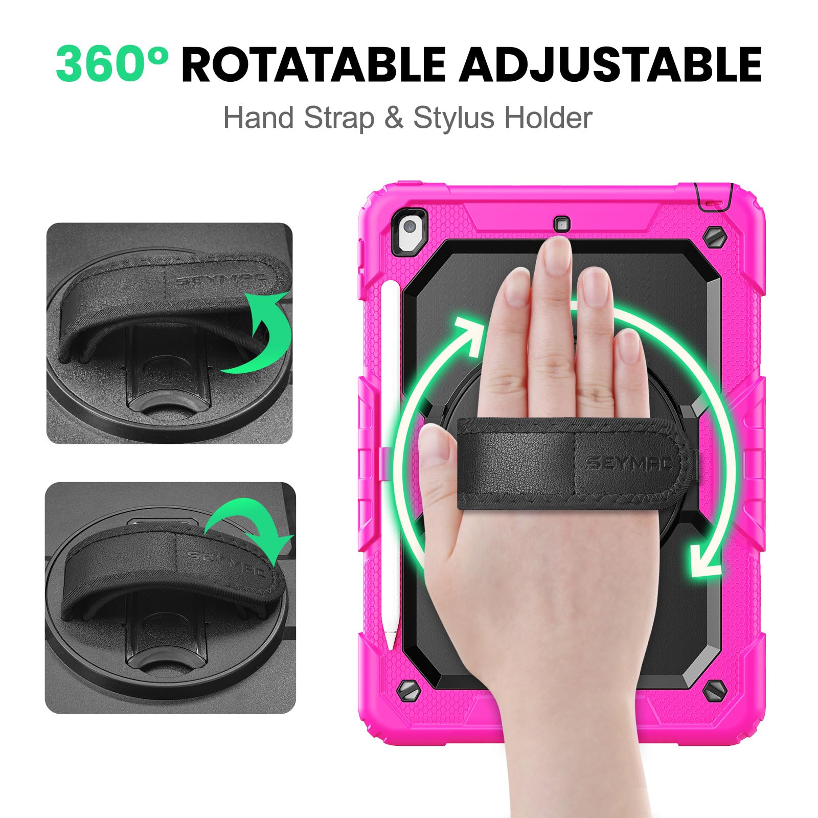 SEYMAC SEYMAC Heavy Duty iPad 9th 8th 7th Generation Case 10.2 Inch Shockproof with Screen Protector Rotating Stand Handle Shoulder Strap Pink - View 3 of 9