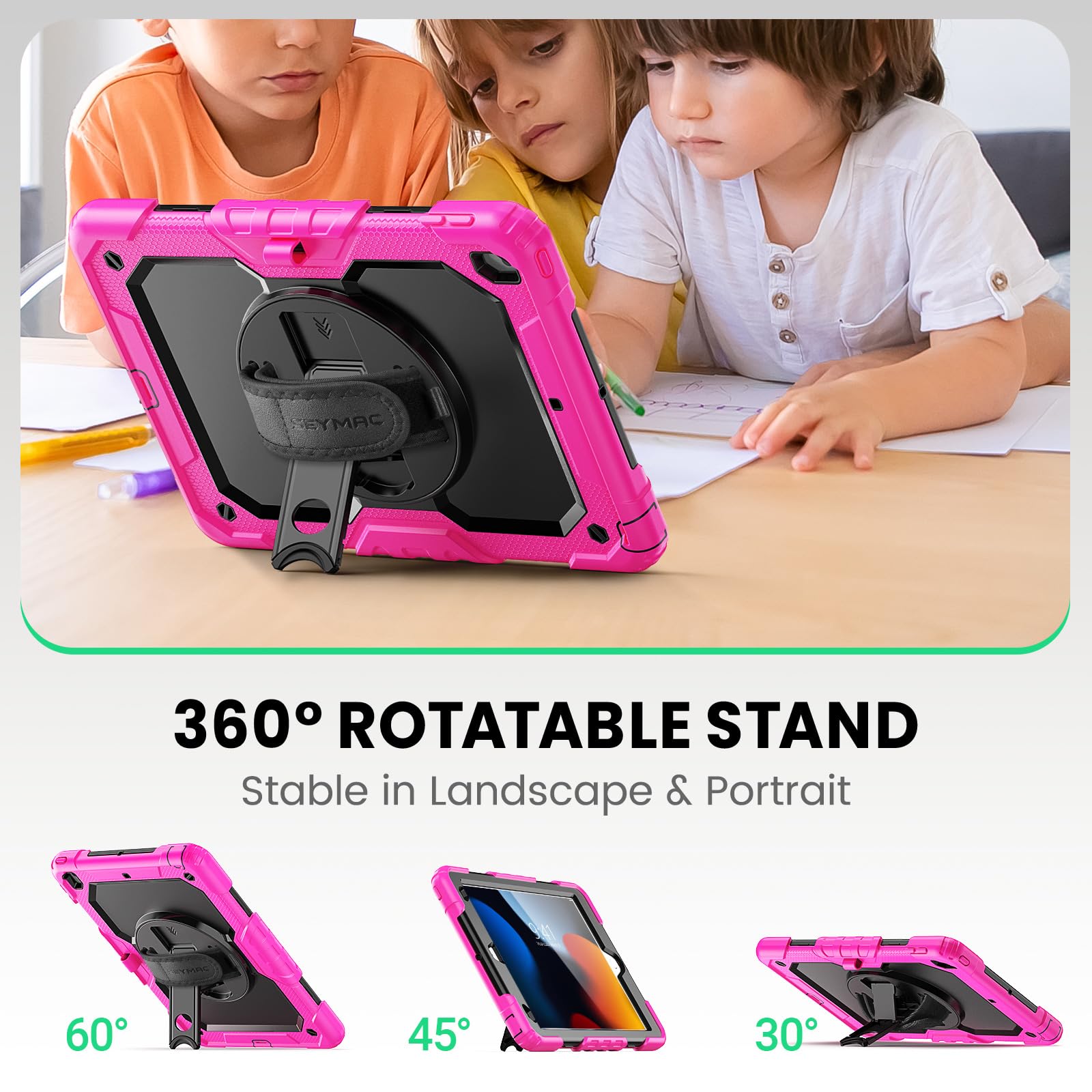 SEYMAC SEYMAC Heavy Duty iPad 9th 8th 7th Generation Case 10.2 Inch Shockproof with Screen Protector Rotating Stand Handle Shoulder Strap Pink - View 4 of 9