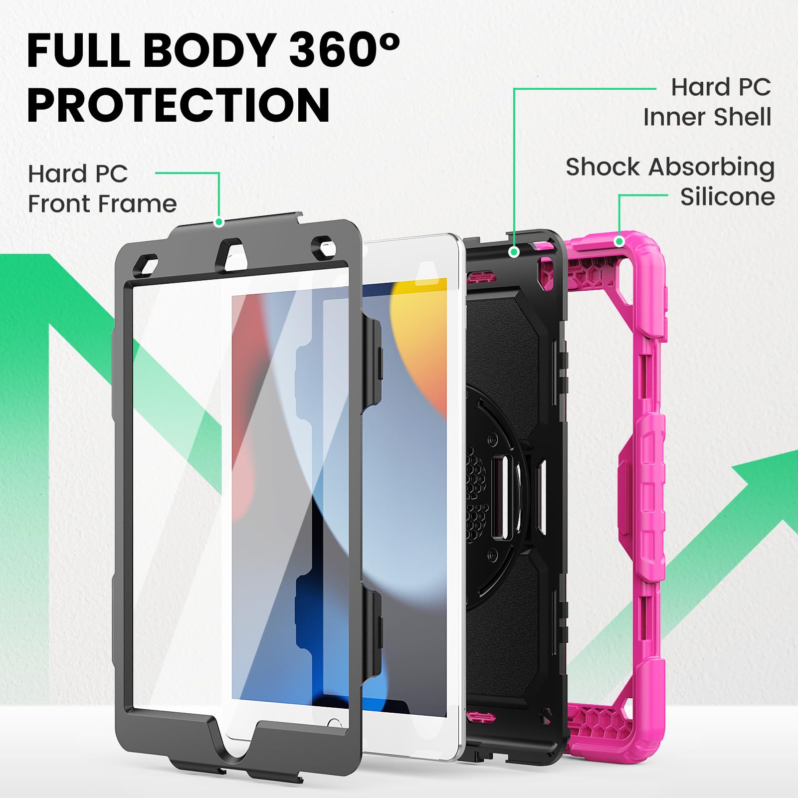 SEYMAC SEYMAC Heavy Duty iPad 9th 8th 7th Generation Case 10.2 Inch Shockproof with Screen Protector Rotating Stand Handle Shoulder Strap Pink - View 5 of 9