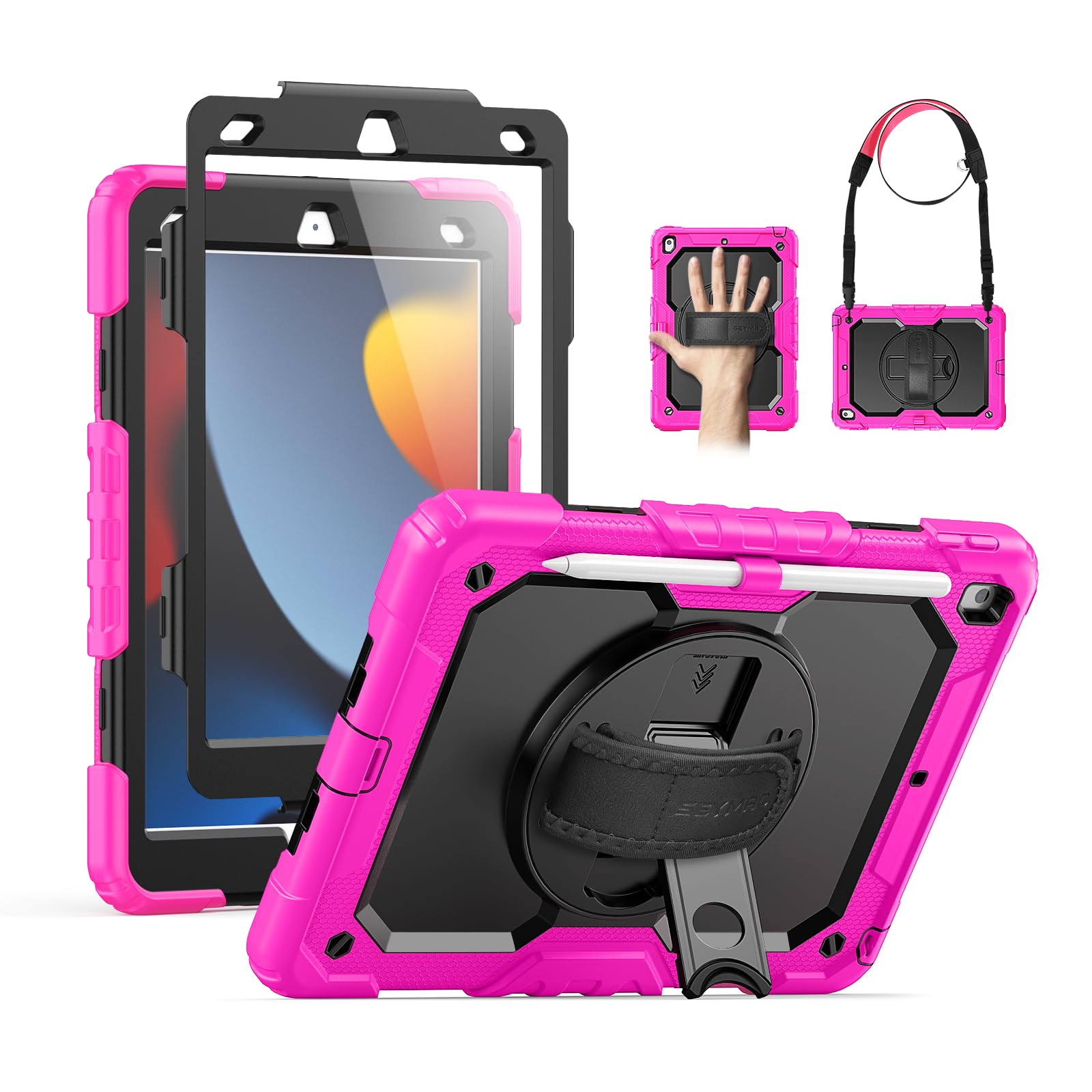 SEYMAC SEYMAC Heavy Duty iPad 9th 8th 7th Generation Case 10.2 Inch Shockproof with Screen Protector Rotating Stand Handle Shoulder Strap Pink