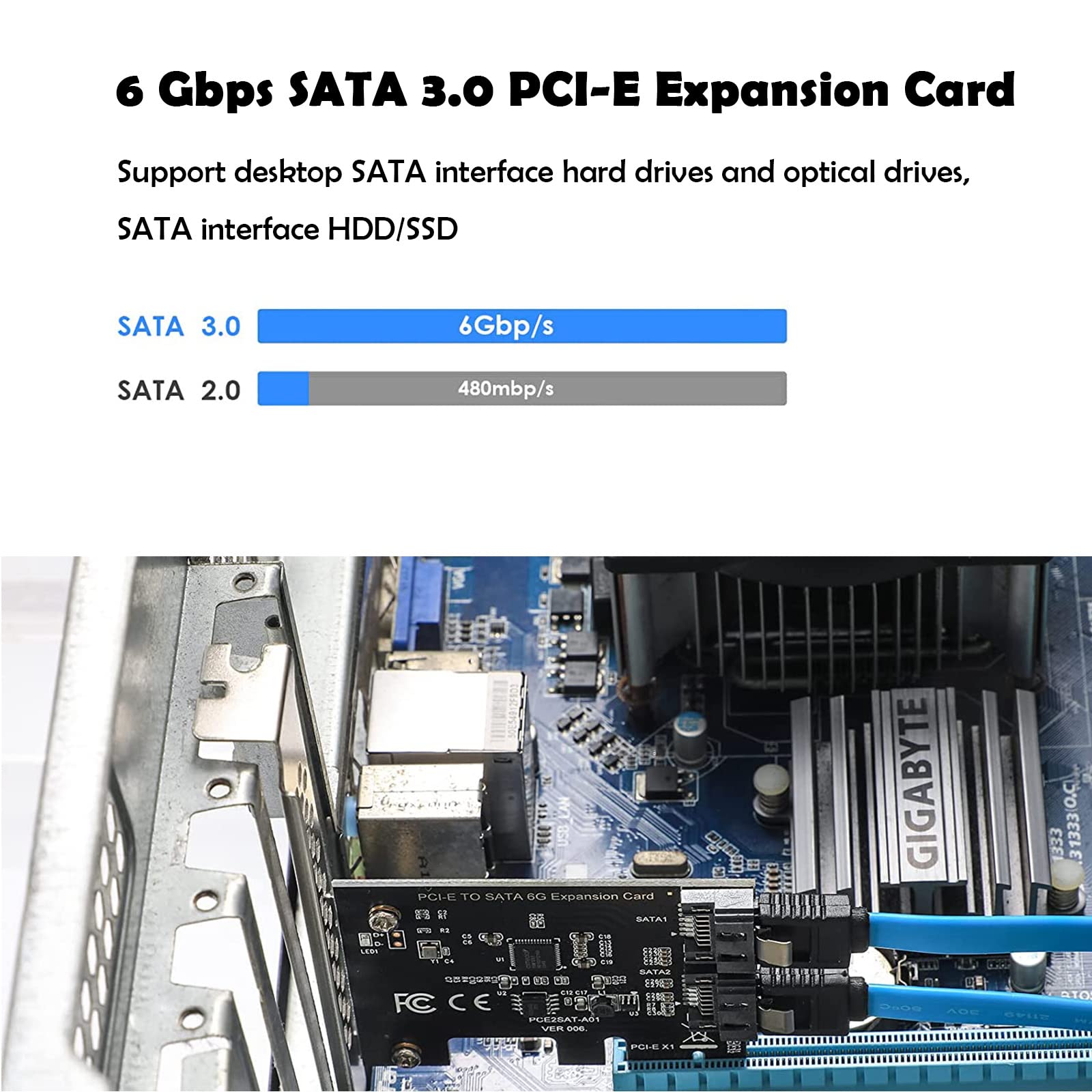 ASHATA PCIe SATA Card 2 Ports 6Gbps Expansion Card for SATA 3.0 Compatible with Windows Mac Linux Server 2003 and More - View 3 of 9