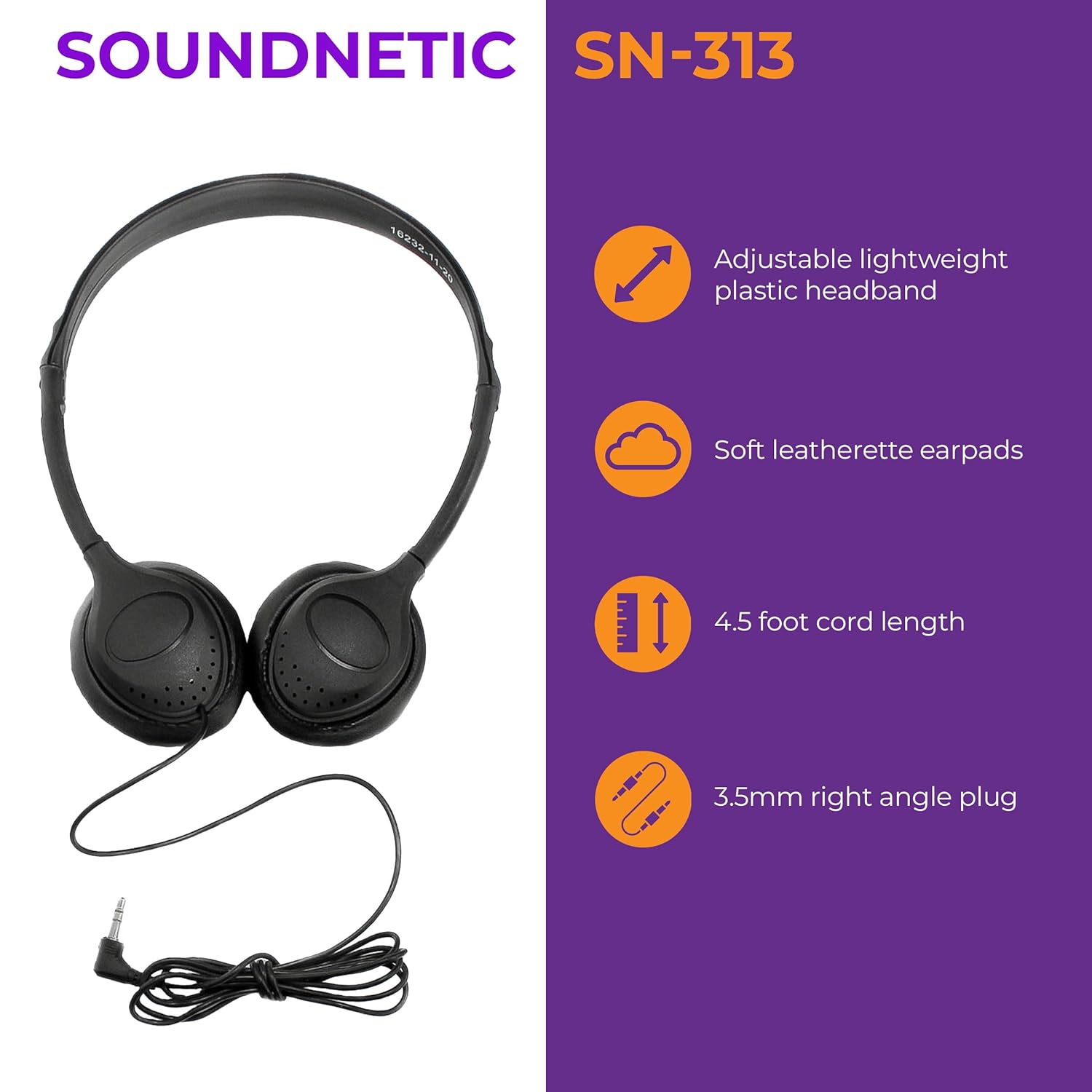 Soundnetic Soundnetic SN313 Classroom Headphones - 25 Pack Over-Ear Stereo with Leatherette Earpads, Black - View 2 of 9