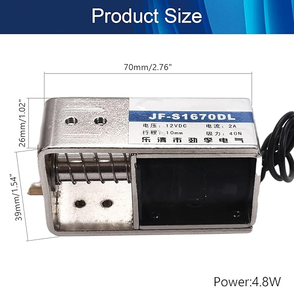 Fielect Fielect DC 12V 40N Pull Type Solenoid Electromagnet Open Frame Linear Motion JF-S1670DL 0.4A 4.8W High Performance Device - View 2 of 6