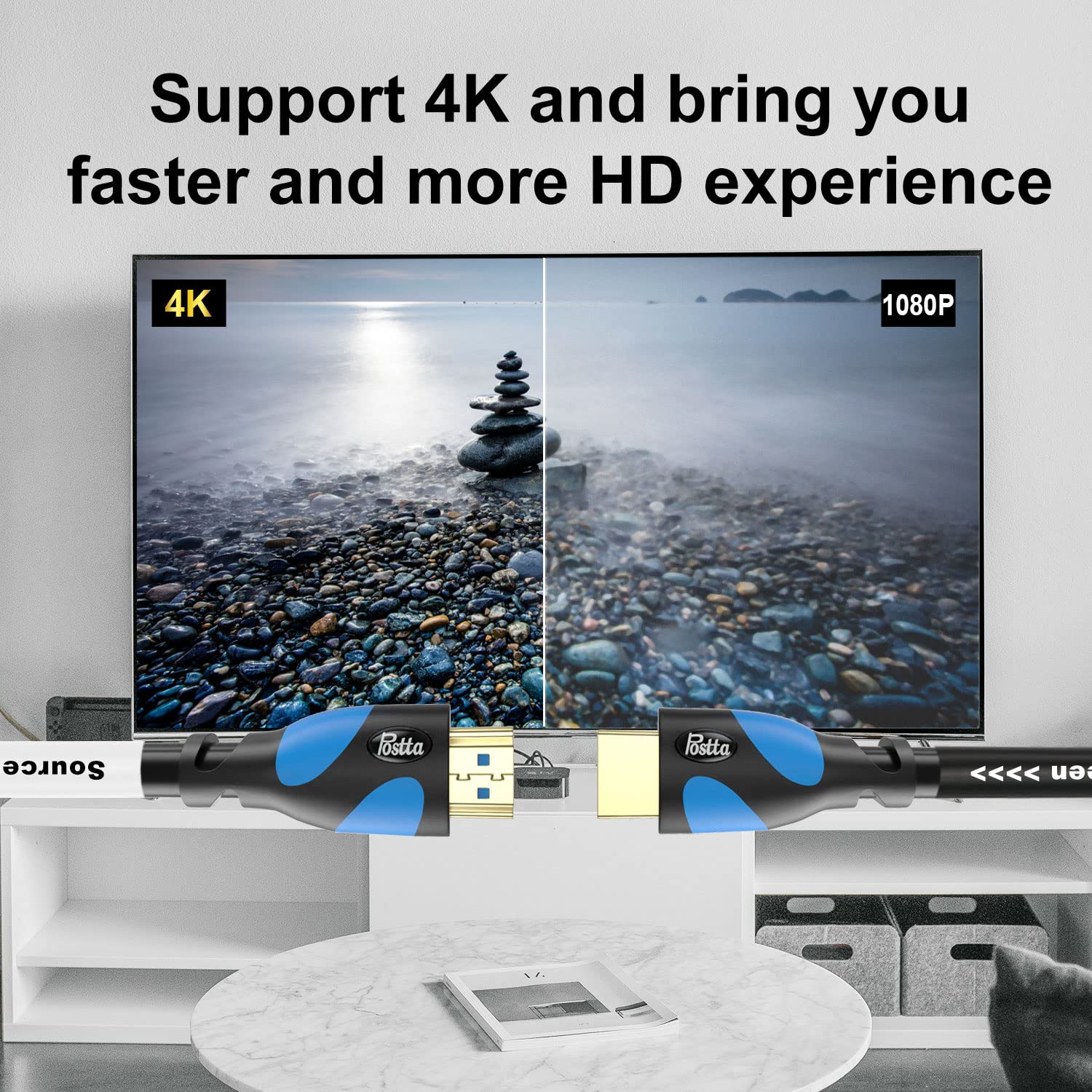 Postta 100 Feet HDMI Cable 4K HDMI 2.0 with Signal Booster Supports 4K 2160P 3D 1080P Ethernet Audio Return ARC Black Pale Blue - View 5 of 7