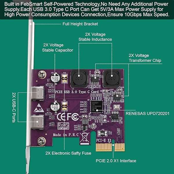 FebSmart FebSmart 2X 5Gbps USB-C PCIe Expansion Card for Windows 11/10/8.x/7/XP - Self-Powered, No Extra Supply Needed (FS-U302C-Pro) - View 5 of 10
