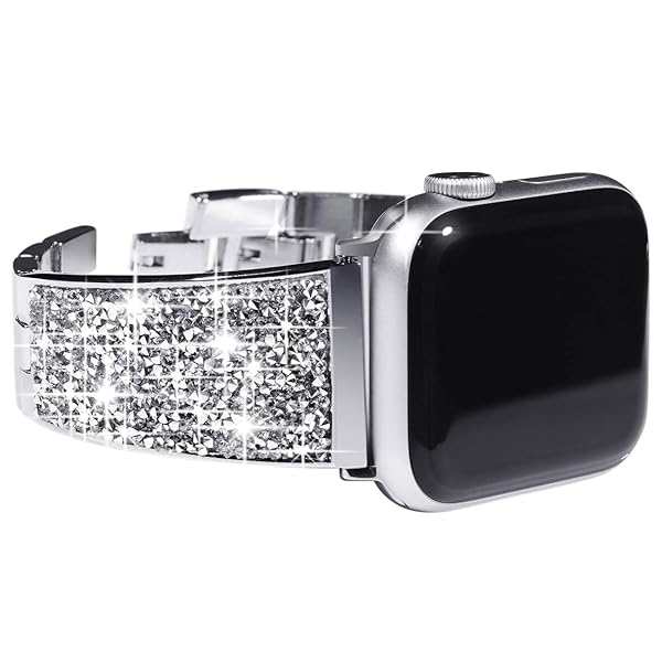 NewWays Sparkling Bling Crystal Apple Watch Band for Series 8, 7, SE, 6, 5, 4, 3 - 41mm & 40mm Women's Bracelet (Silver)