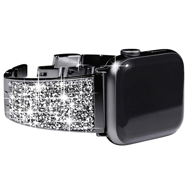 NewWays Bling Crystal Apple Watch Band for Series 8, 7, SE, 6, 5, 4, 3 - Stylish 41mm & 40mm Bracelet for Women (Black)