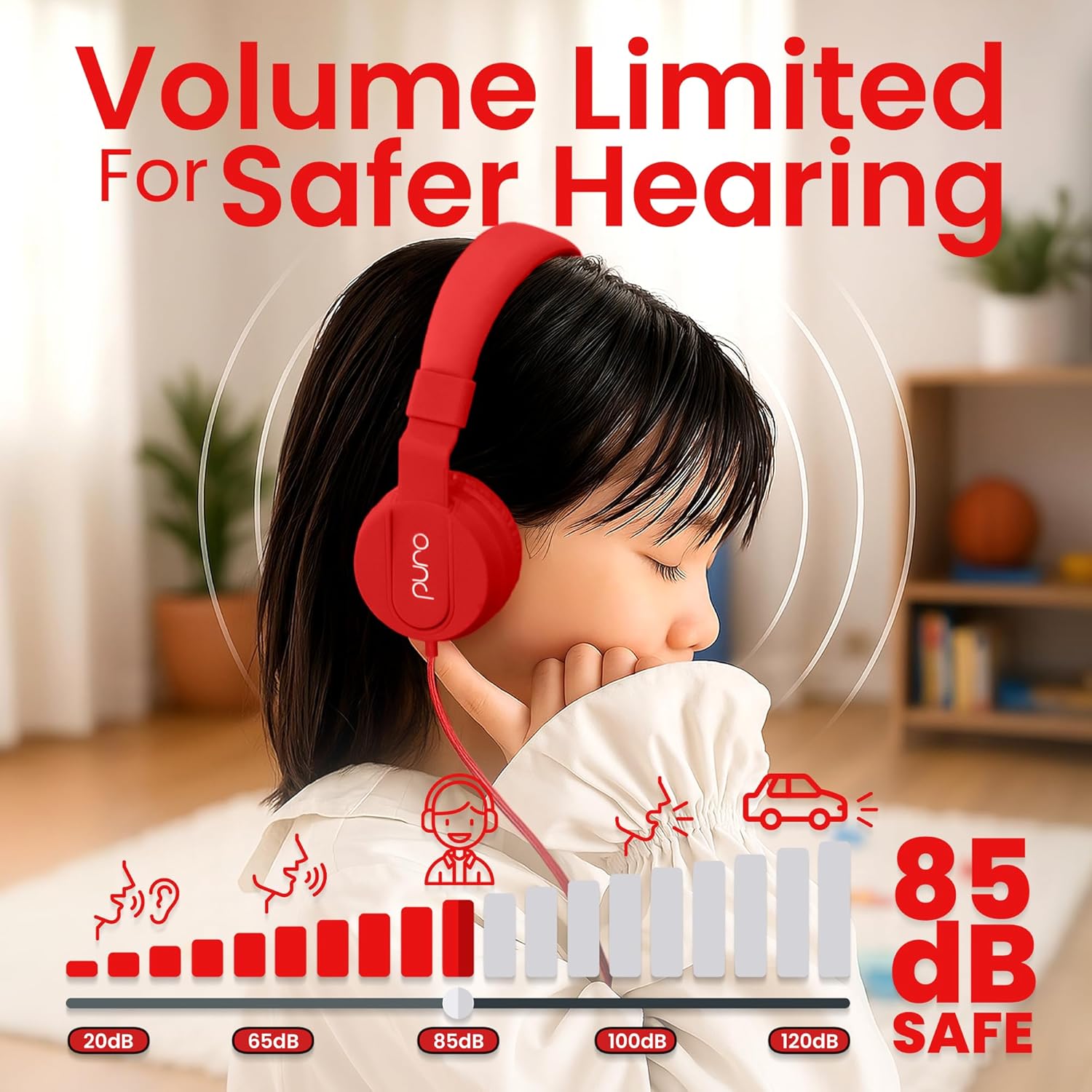 Puro Sound Labs Puro Sound Labs PuroBasic Volume Limiting Wired Headphones for Kids Foldable Adjustable Headband with Microphone Red - View 2 of 8