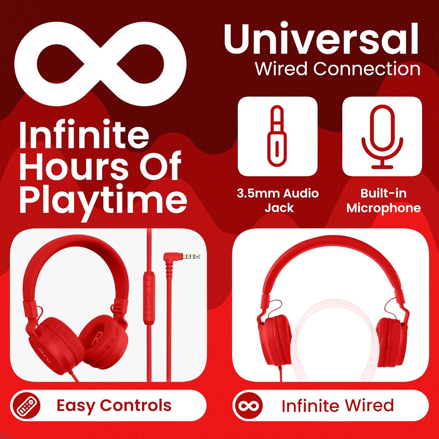 Puro Sound Labs Puro Sound Labs PuroBasic Volume Limiting Wired Headphones for Kids Foldable Adjustable Headband with Microphone Red - View 3 of 8