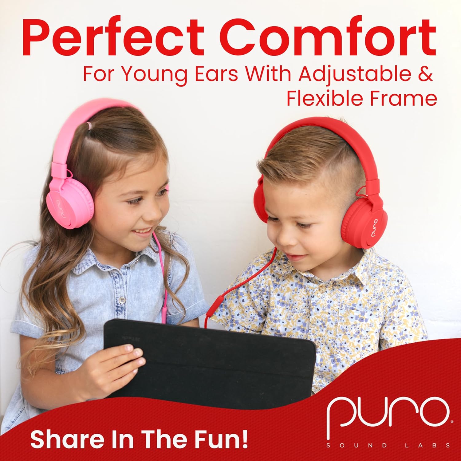 Puro Sound Labs Puro Sound Labs PuroBasic Volume Limiting Wired Headphones for Kids Foldable Adjustable Headband with Microphone Red - View 4 of 8