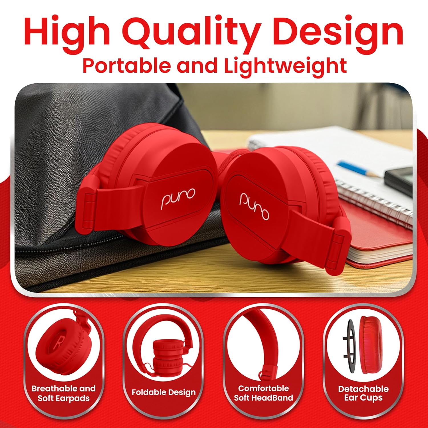Puro Sound Labs Puro Sound Labs PuroBasic Volume Limiting Wired Headphones for Kids Foldable Adjustable Headband with Microphone Red - View 5 of 8