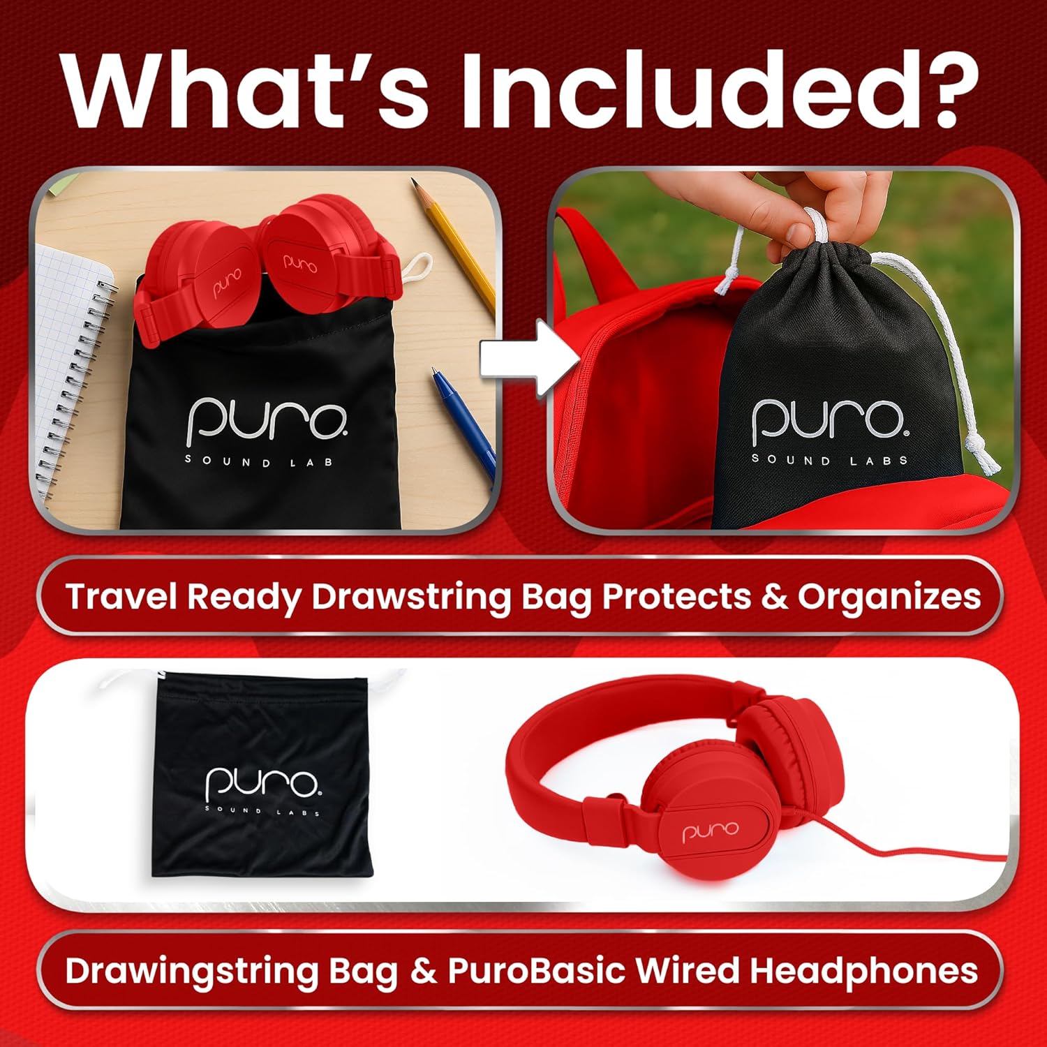 Puro Sound Labs Puro Sound Labs PuroBasic Volume Limiting Wired Headphones for Kids Foldable Adjustable Headband with Microphone Red - View 6 of 8