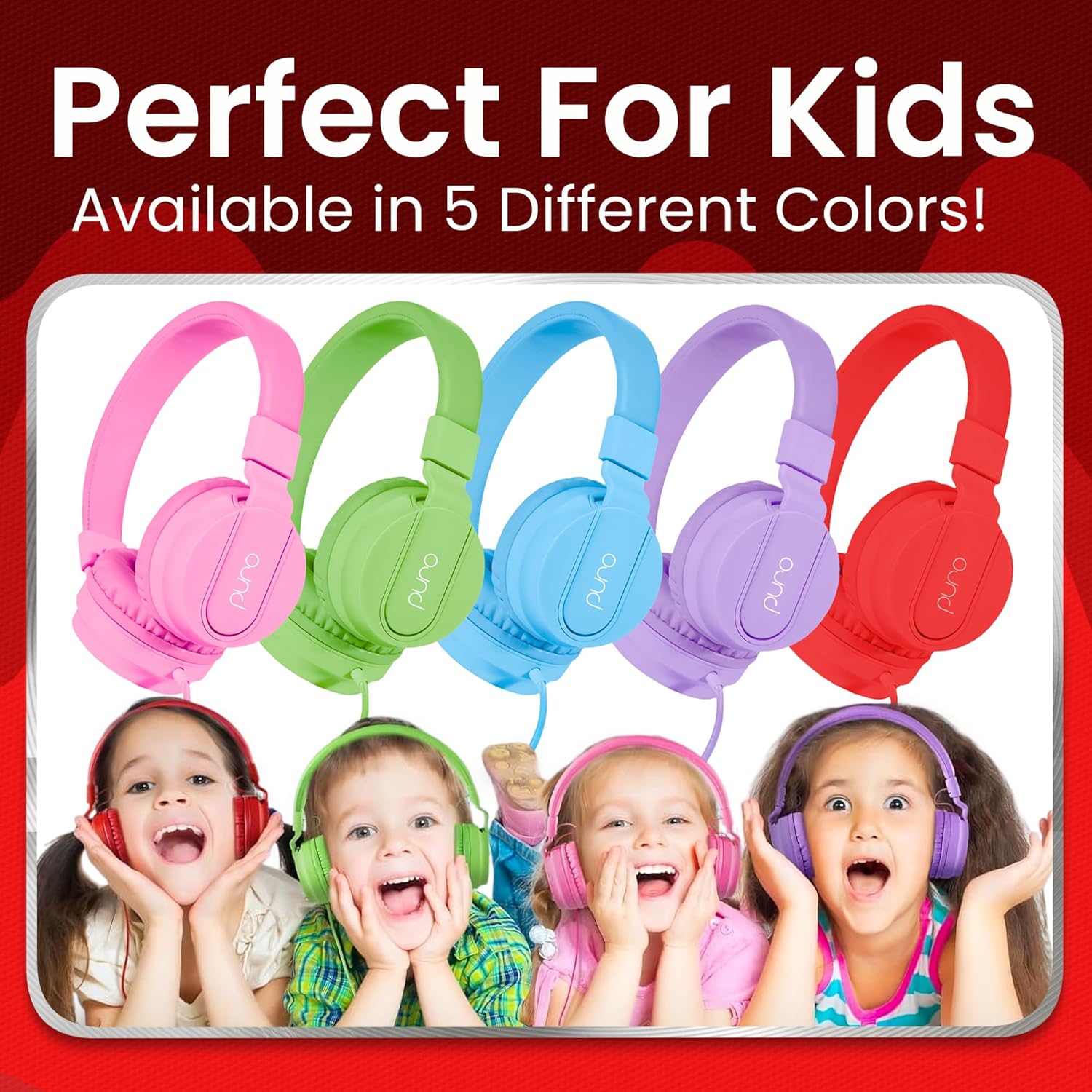 Puro Sound Labs Puro Sound Labs PuroBasic Volume Limiting Wired Headphones for Kids Foldable Adjustable Headband with Microphone Red - View 7 of 8