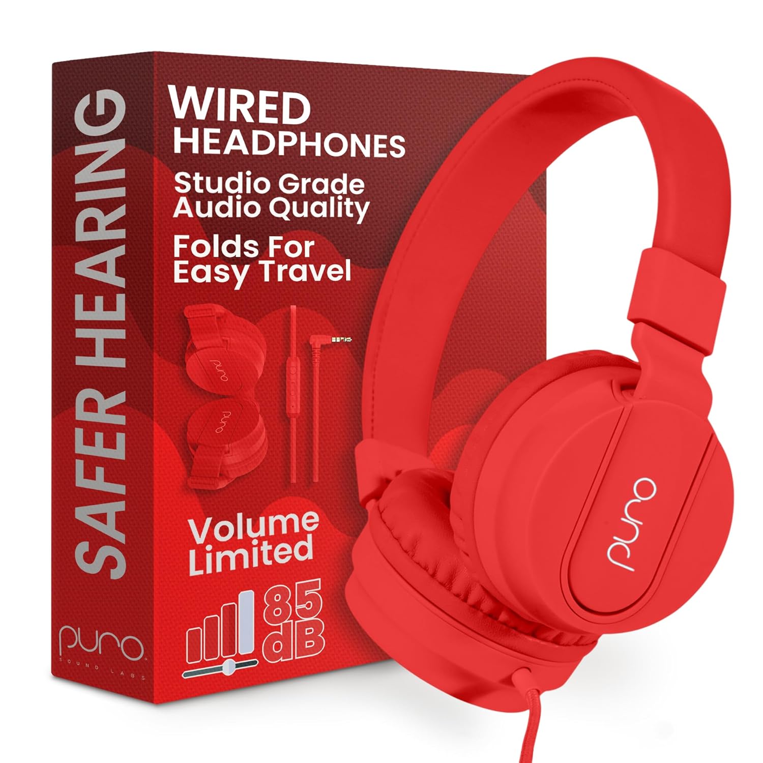 Puro Sound Labs Puro Sound Labs PuroBasic Volume Limiting Wired Headphones for Kids Foldable Adjustable Headband with Microphone Red