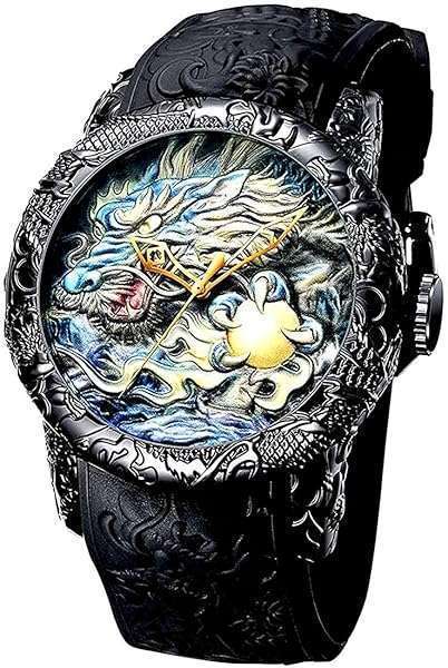 CARLIEN Men's 3D Engraved Dragon Automatic Watch - Waterproof Big Dial Sport Wristwatch (Full Black)