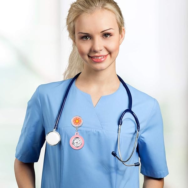 Lancardo Lancardo Women's Nurse Clip on Watch Cute Flower Design Quartz Fob Pocket Watch with Pink Silicone Cover for Doctors and Clinics - View 2 of 8