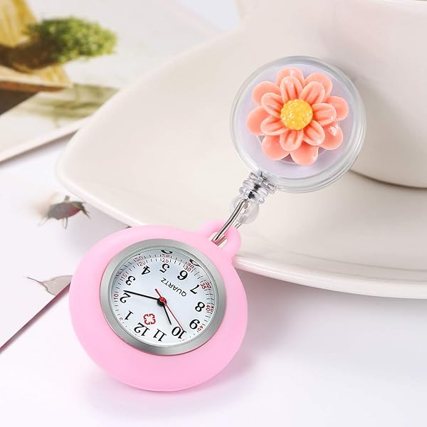 Lancardo Lancardo Women's Nurse Clip on Watch Cute Flower Design Quartz Fob Pocket Watch with Pink Silicone Cover for Doctors and Clinics - View 4 of 8