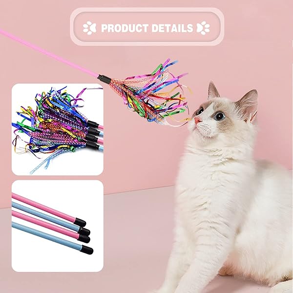 GUGELIVES GUGELIVES Cat Toy Wand 2PCS Interactive Feather Teaser with Sound Paper Tassels for Cats Pink and Blue - View 3 of 7
