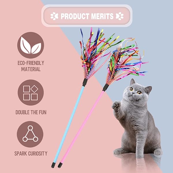 GUGELIVES GUGELIVES Cat Toy Wand 2PCS Interactive Feather Teaser with Sound Paper Tassels for Cats Pink and Blue - View 5 of 7