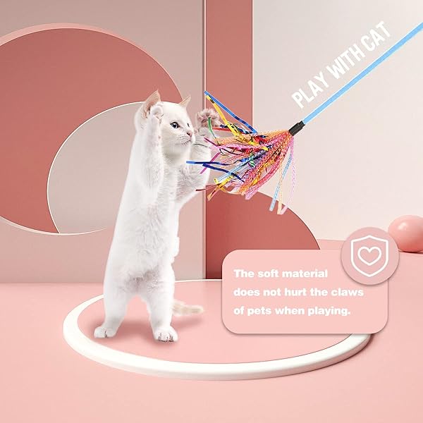 GUGELIVES GUGELIVES Cat Toy Wand 2PCS Interactive Feather Teaser with Sound Paper Tassels for Cats Pink and Blue - View 6 of 7