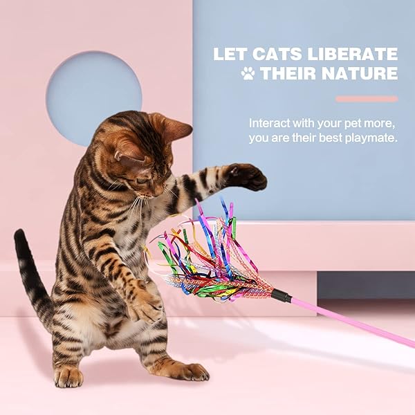 GUGELIVES GUGELIVES Cat Toy Wand 2PCS Interactive Feather Teaser with Sound Paper Tassels for Cats Pink and Blue - View 7 of 7