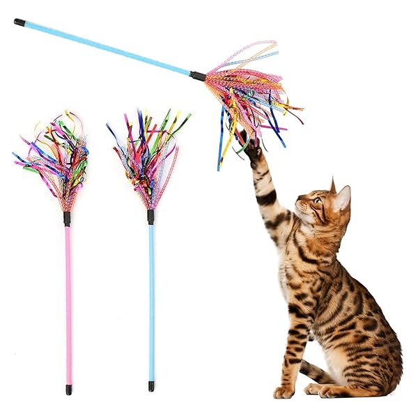 GUGELIVES GUGELIVES Cat Toy Wand 2PCS Interactive Feather Teaser with Sound Paper Tassels for Cats Pink and Blue
