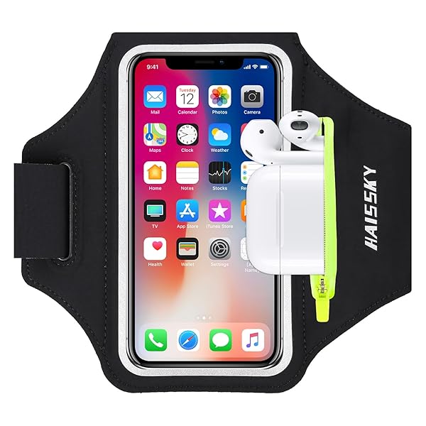 HAISSKY Running Armband with Airpods Bag Cell Phone Armband for iPhone 14 13 Pro 14 Plus 12 11 XR XS, Galaxy S20/S10 Water Resistant Sports Phone Holder Case &amp; Zipper Slot Car Key Holder for 6.5 inch Phone