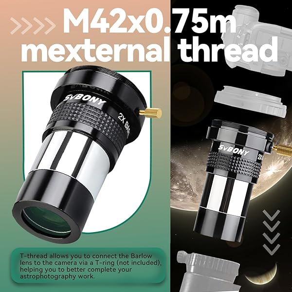 SVBONY "SVBONY SV137 2X Barlow Lens - 1.25" Metal Telescope Accessory with Multi-Coating & T-Thread" - View 6 of 10
