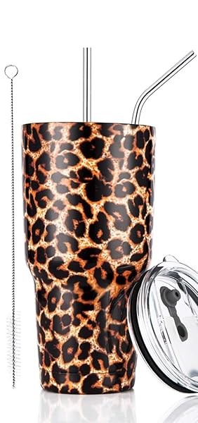 D·S 30oz Leopard Tumbler Stainless Steel Insulated Travel Mug with Straw Lid and Cleaning Brush for Travel and Outdoor Use