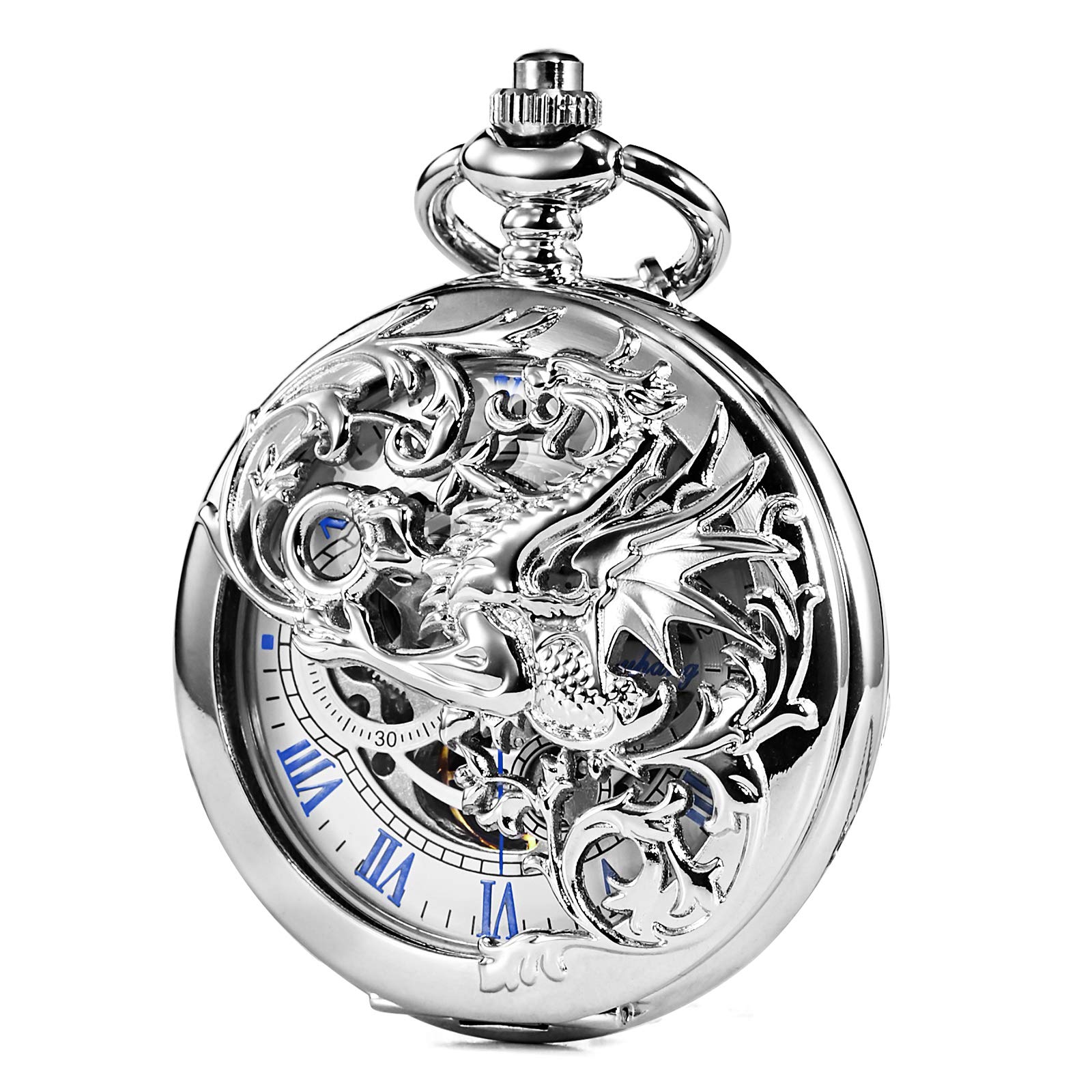 TREEWETO TREEWETO Mens Mechanical Pocket Watch Antique Dream Dragon Skeleton Silver Tone Double Open Case Gift for Men and Women - View 2 of 7
