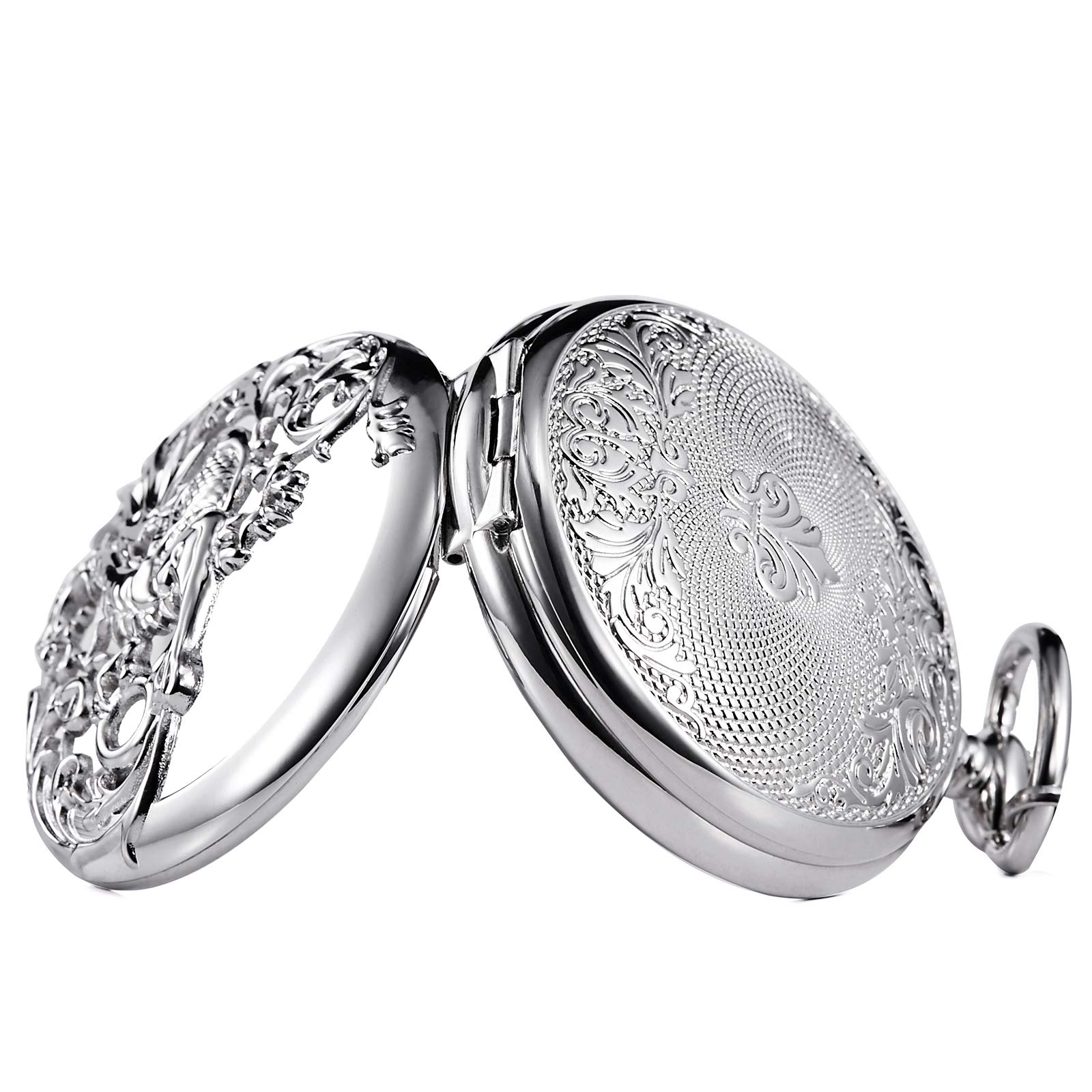 TREEWETO TREEWETO Mens Mechanical Pocket Watch Antique Dream Dragon Skeleton Silver Tone Double Open Case Gift for Men and Women - View 3 of 7