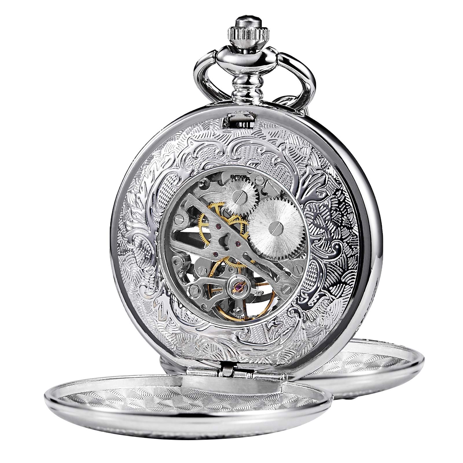 TREEWETO TREEWETO Mens Mechanical Pocket Watch Antique Dream Dragon Skeleton Silver Tone Double Open Case Gift for Men and Women - View 5 of 7