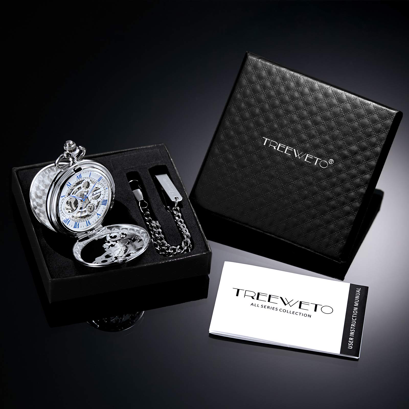 TREEWETO TREEWETO Mens Mechanical Pocket Watch Antique Dream Dragon Skeleton Silver Tone Double Open Case Gift for Men and Women - View 7 of 7