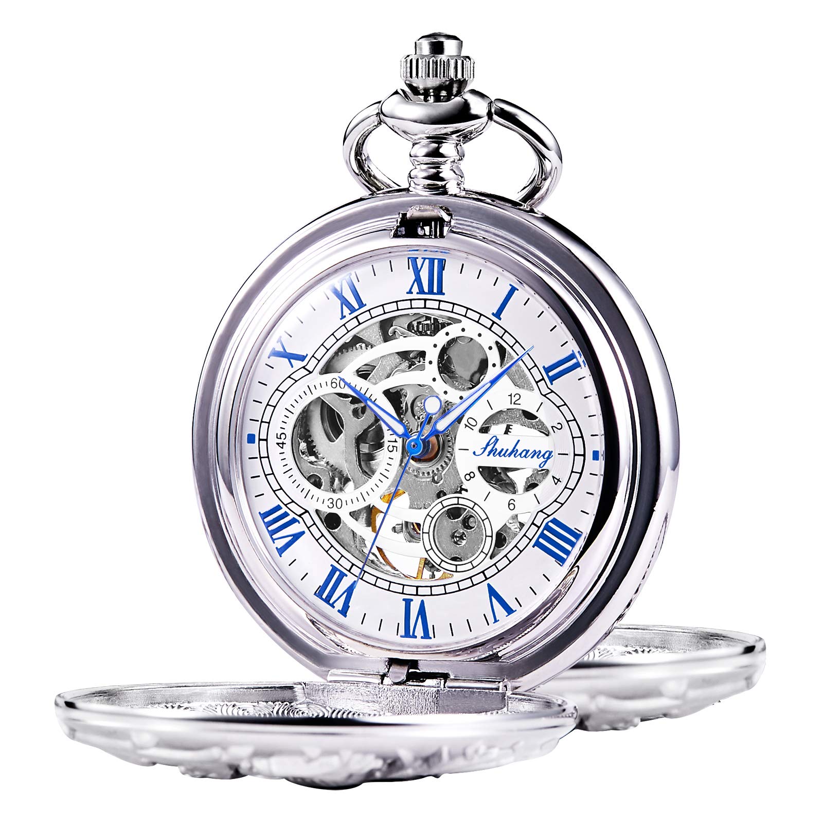 TREEWETO Mens Mechanical Pocket Watch Antique Dream Dragon Skeleton Silver Tone Double Open Case Gift for Men and Women
