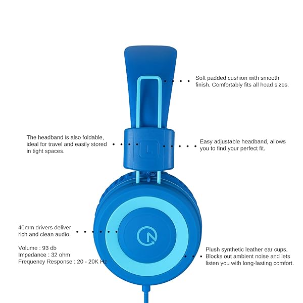 noot products Noot Products Kids Headphones K11 Foldable Stereo Tangle-Free 5ft Cord Wired On-Ear Headset for iPad Kindle Fire School Laptop Tablet Skyline Blue - View 3 of 5