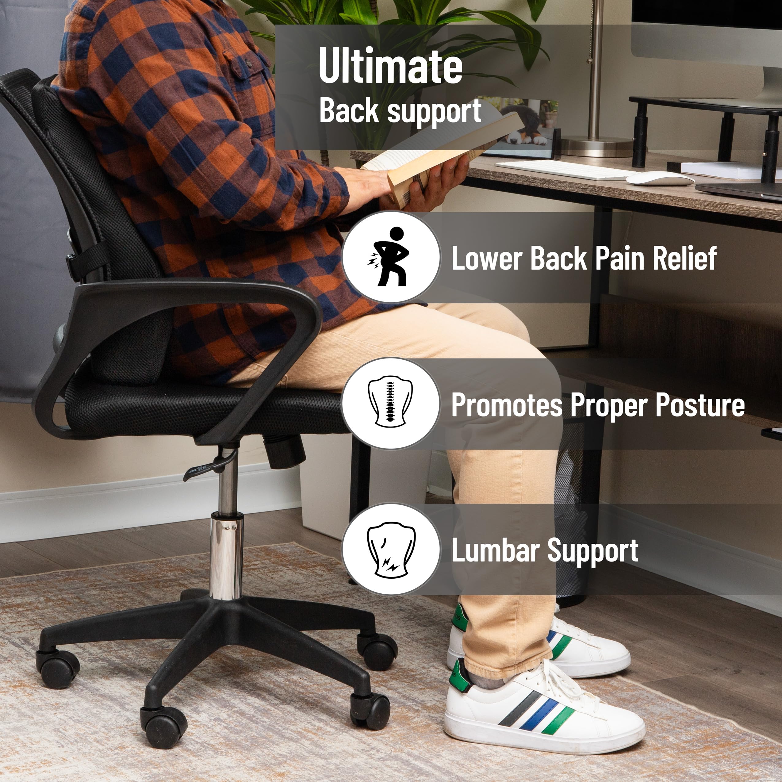 Mind Reader "Mind Reader Memory Foam Lumbar Support Cushion for Office & Car - Posture Corrector, 14.5" L x 5" W x 18.5" H, Black" - View 2 of 7