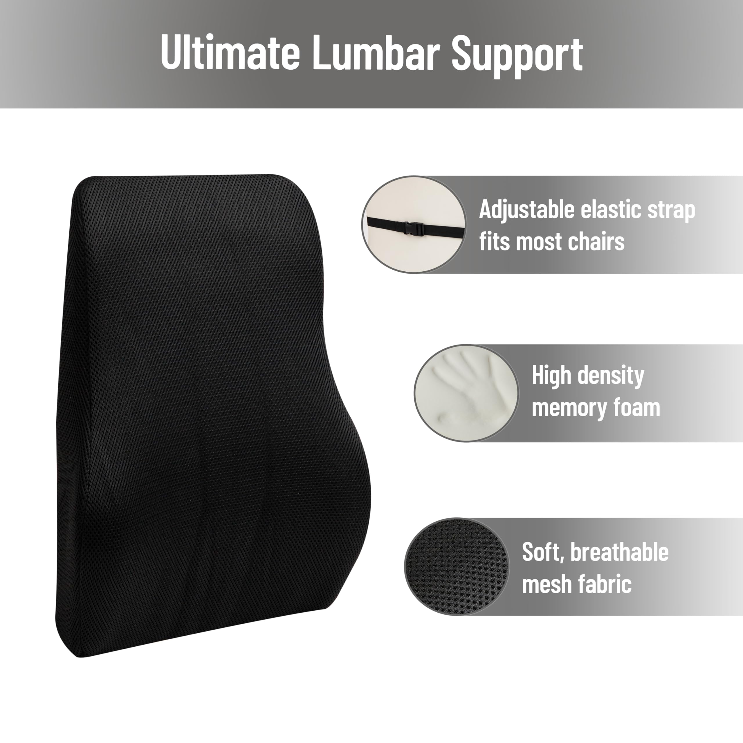 Mind Reader "Mind Reader Memory Foam Lumbar Support Cushion for Office & Car - Posture Corrector, 14.5" L x 5" W x 18.5" H, Black" - View 6 of 7