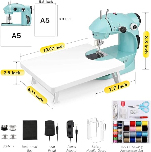 Magicfly Magicfly Mini Sewing Machine with Extension Table Dual Speed Portable for Beginners Light Sewing Kit Household Use Blue - View 2 of 7