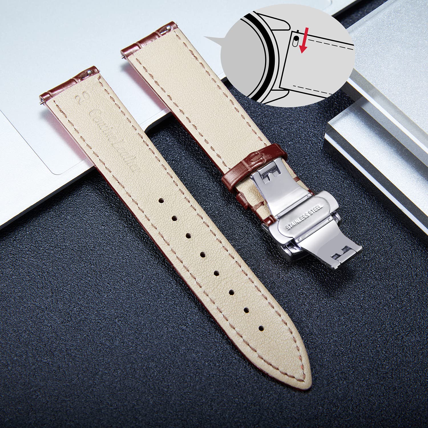 BINLUN BINLUN Leather Watch Strap Quick Release with Silver Buckle 24mm for Men Women Adjustable Sizes 12mm to 24mm Brown Color - View 3 of 6