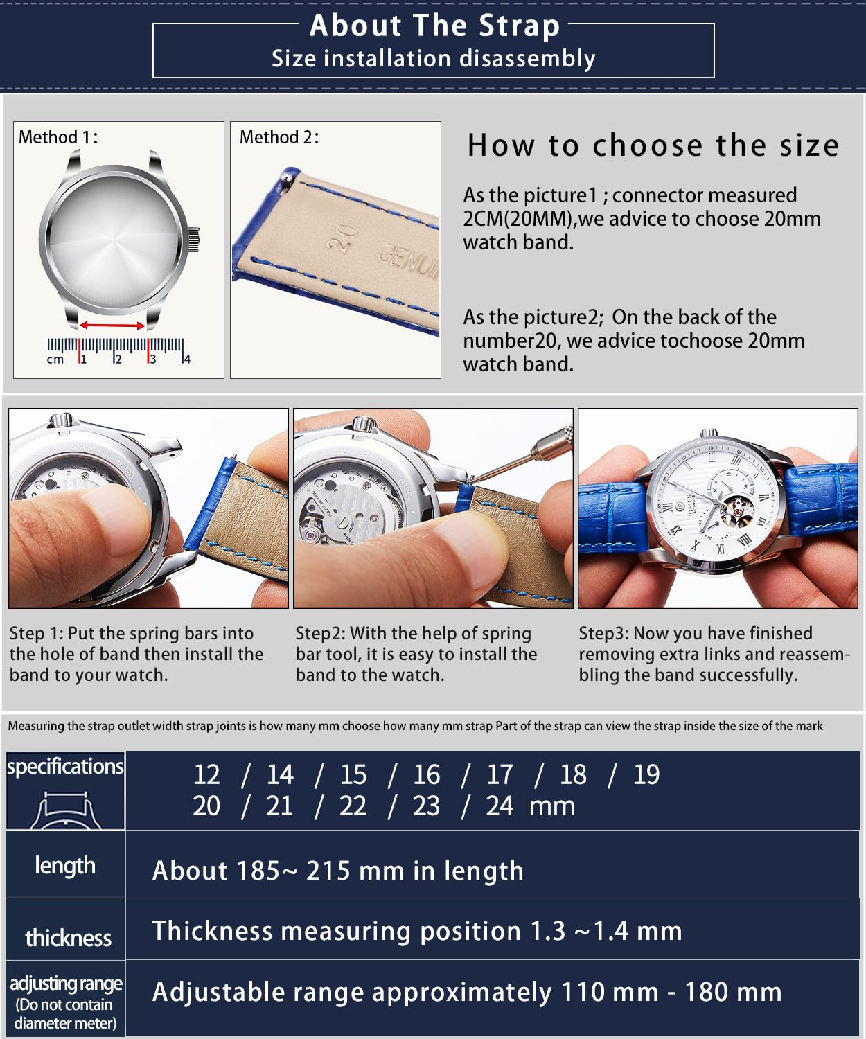 BINLUN BINLUN Leather Watch Strap Quick Release with Silver Buckle 24mm for Men Women Adjustable Sizes 12mm to 24mm Brown Color - View 6 of 6