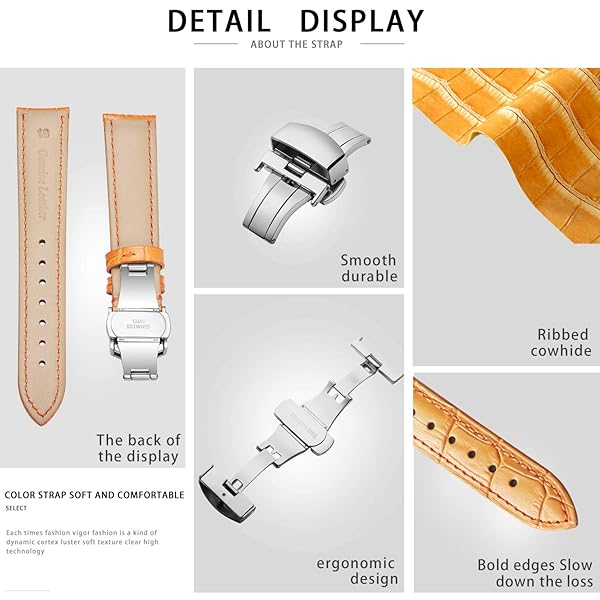 BINLUN BINLUN Leather Watch Strap Quick Release with Silver Buckle 22mm for Men Women in Orange Durable Comfortable Stylish - View 5 of 8