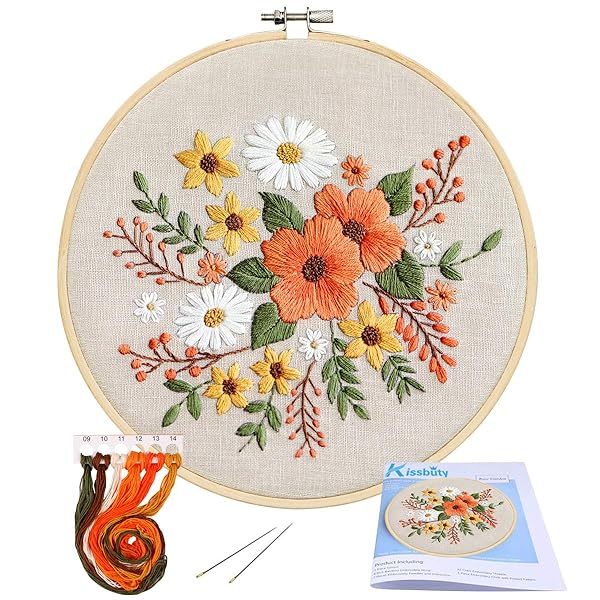 KISSBUTY KISSBUTY Embroidery Kit for Kids: Floral Pattern, Bamboo Hoop & Colorful Threads - Perfect Craft Activity!