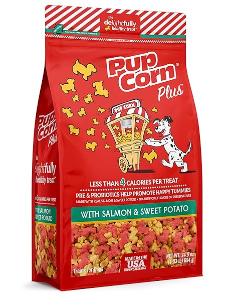 Pup Corn Pup Corn Plus Puffed Dog Treats with Prebiotics Probiotics Salmon Sweet Potato 24oz Made in USA