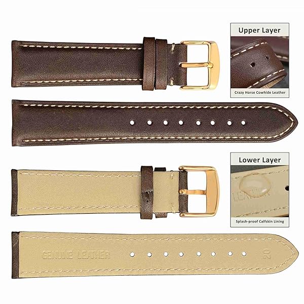 WOCCI WOCCI 24mm Vintage Leather Watch Band for Men and Women with Gold Buckle in Dark Brown and Beige Seam - View 2 of 9