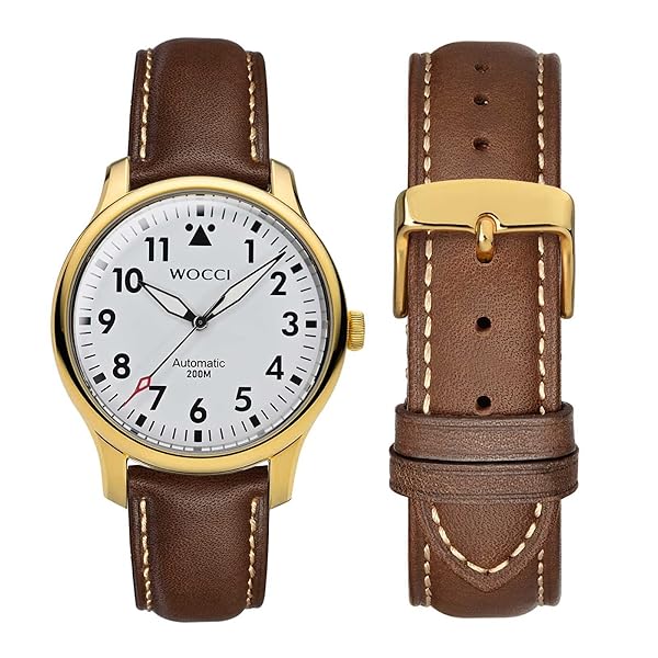 WOCCI WOCCI 24mm Vintage Leather Watch Band for Men and Women with Gold Buckle in Dark Brown and Beige Seam - View 5 of 9