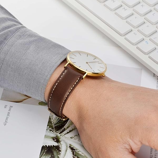 WOCCI WOCCI 24mm Vintage Leather Watch Band for Men and Women with Gold Buckle in Dark Brown and Beige Seam - View 6 of 9